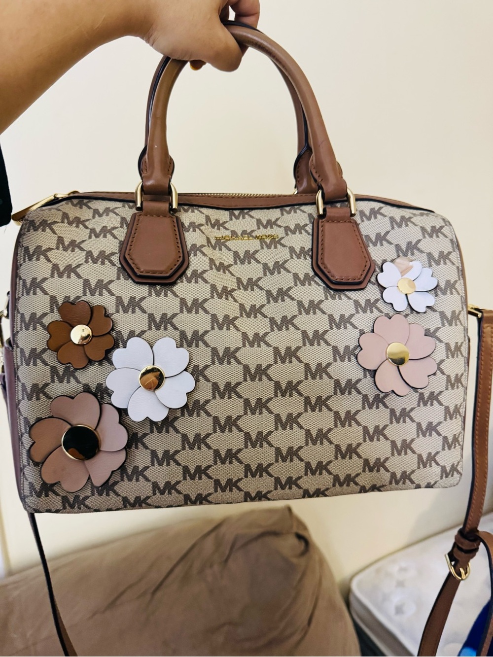 Michael Kors Brown Signature Floral Appliqué Satchel with Pink & White Flowers